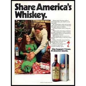 1974 Seagram's Seven 7 Crown Whiskey Vintage Print Ad Christmas Morning Tree Art
